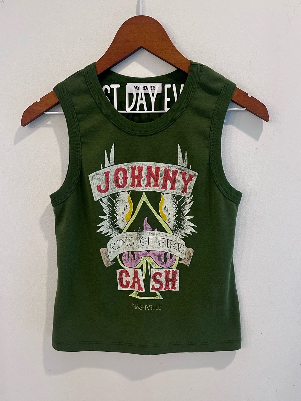 NWOT Daydreamer Johnny Cash Ring Of Fire Shrunken Tank Top Green Size Medium